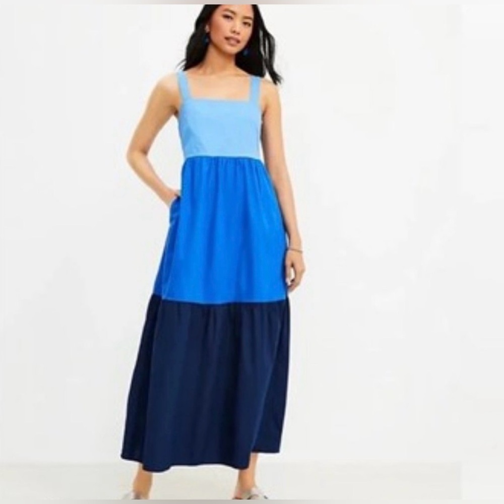 LOFT Blue Colorblock Maxi Dress Large Petite LP